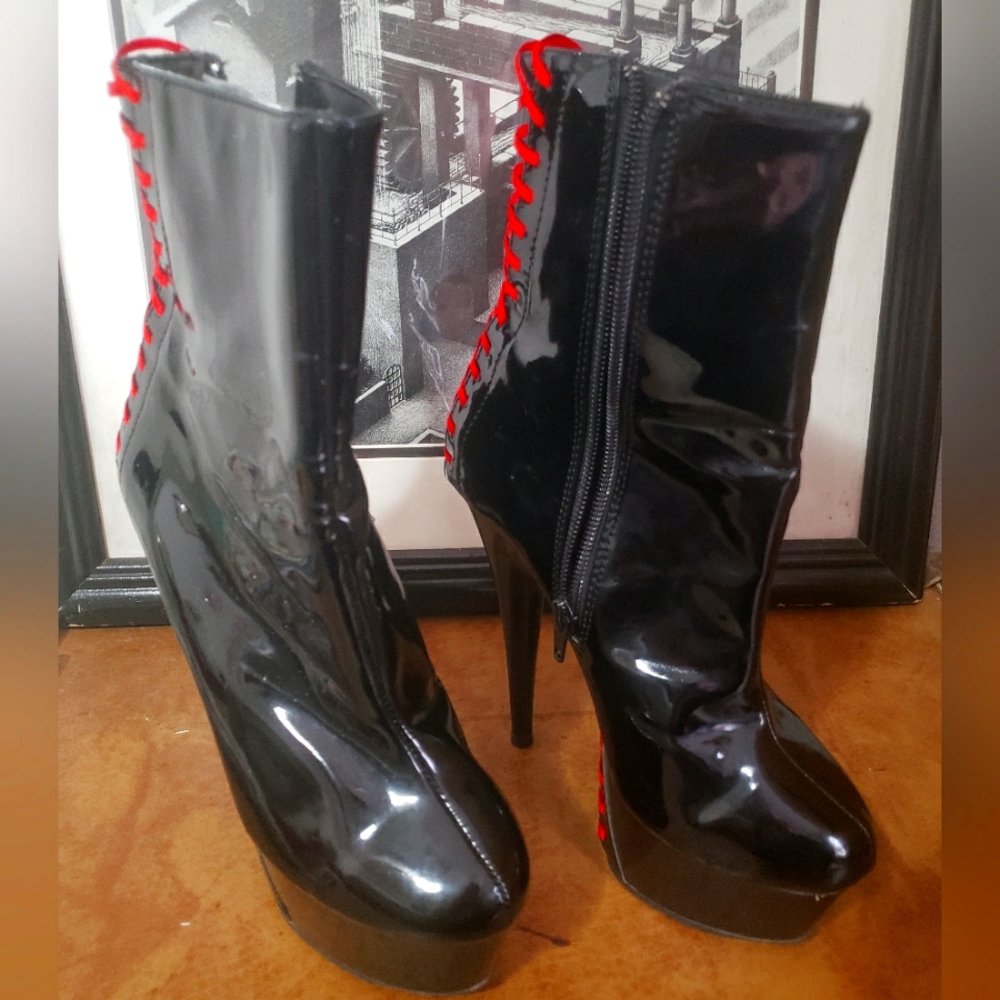 Pleaser Pre-owned 8" Inch Black Red Super High Heels Fetish Corset Stripper Boot